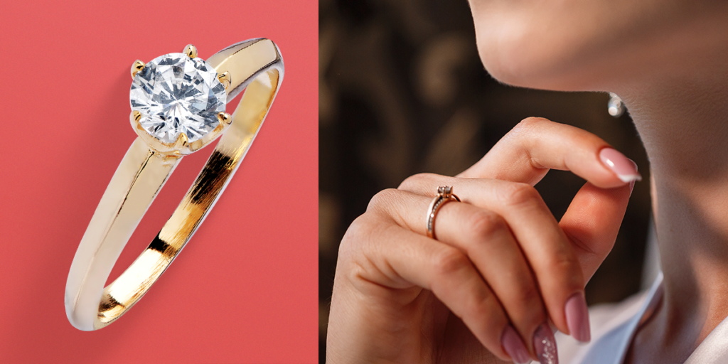 mão de mulher usando anel de ouro com pedra solitária